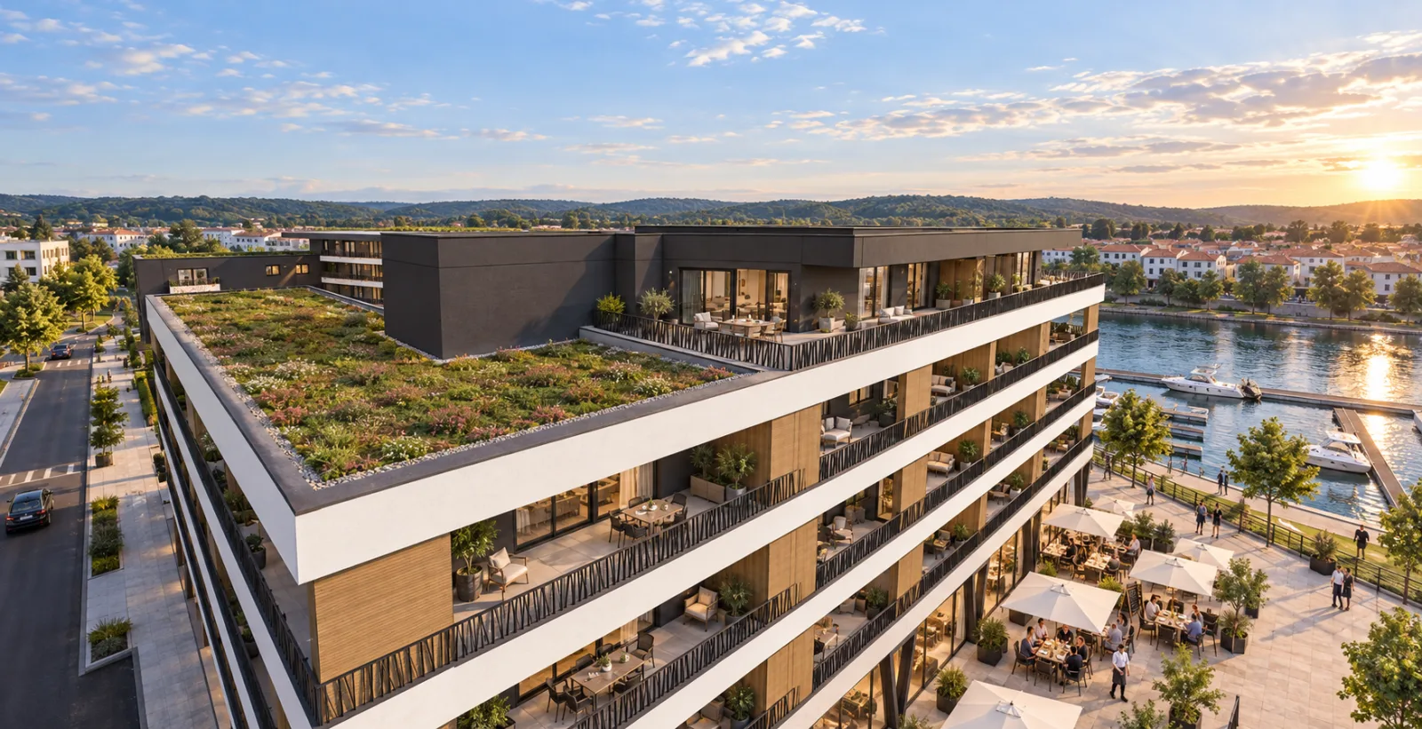 Vue aérienne des commerces et terrasses en pied d'immeuble
