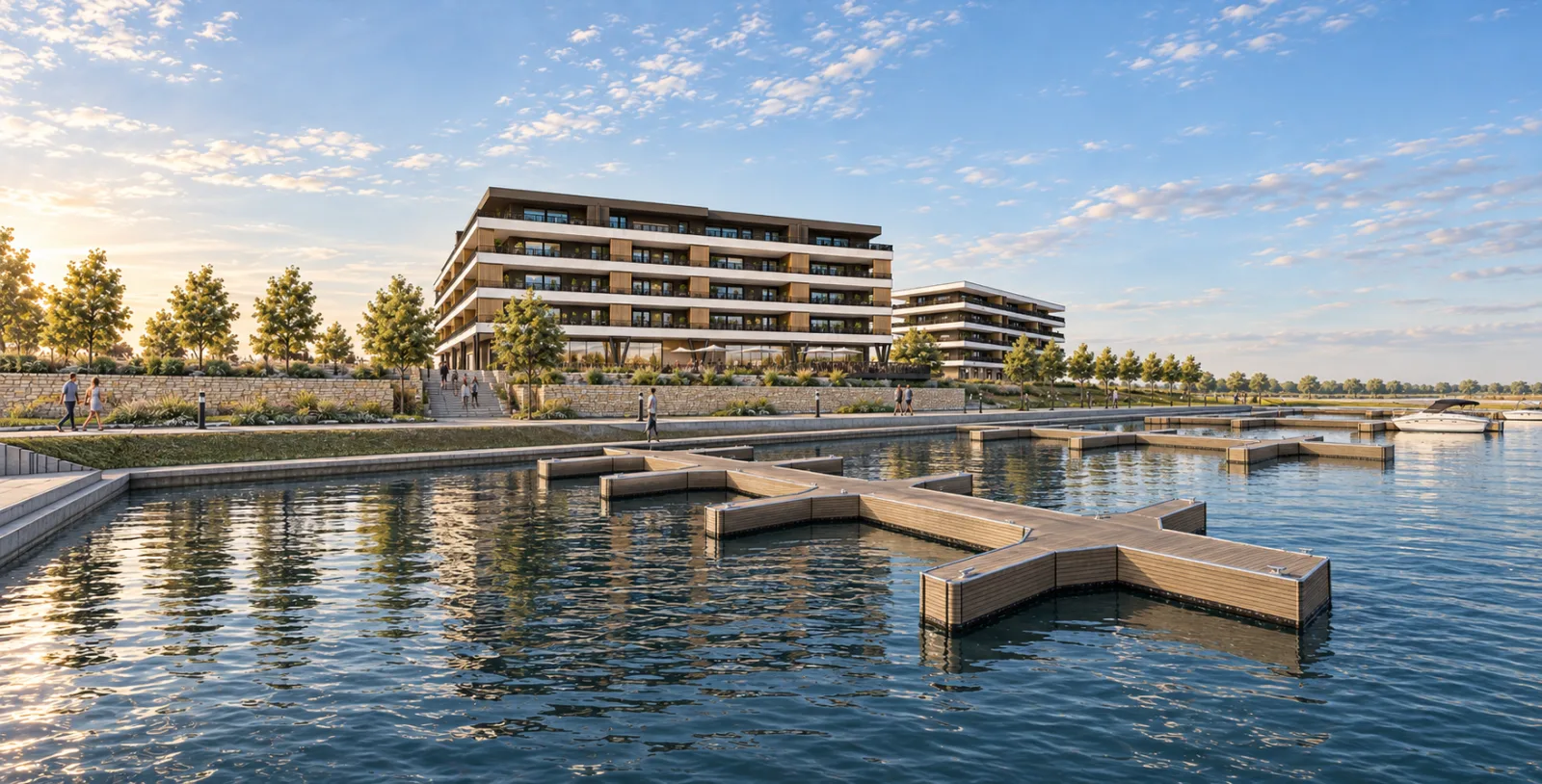 La résidence vue depuis le ponton du port de plaisance