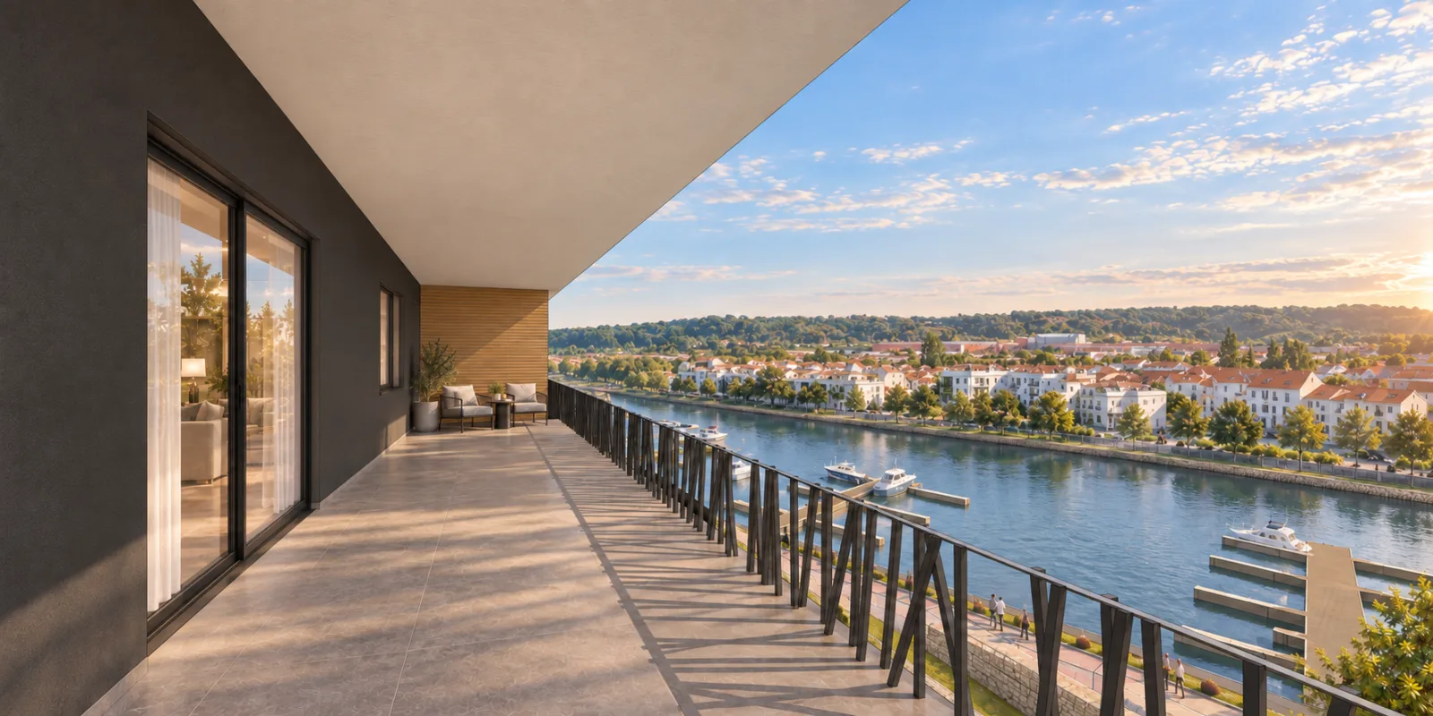 Grande terrasse avec vue sur la Moselle et le port