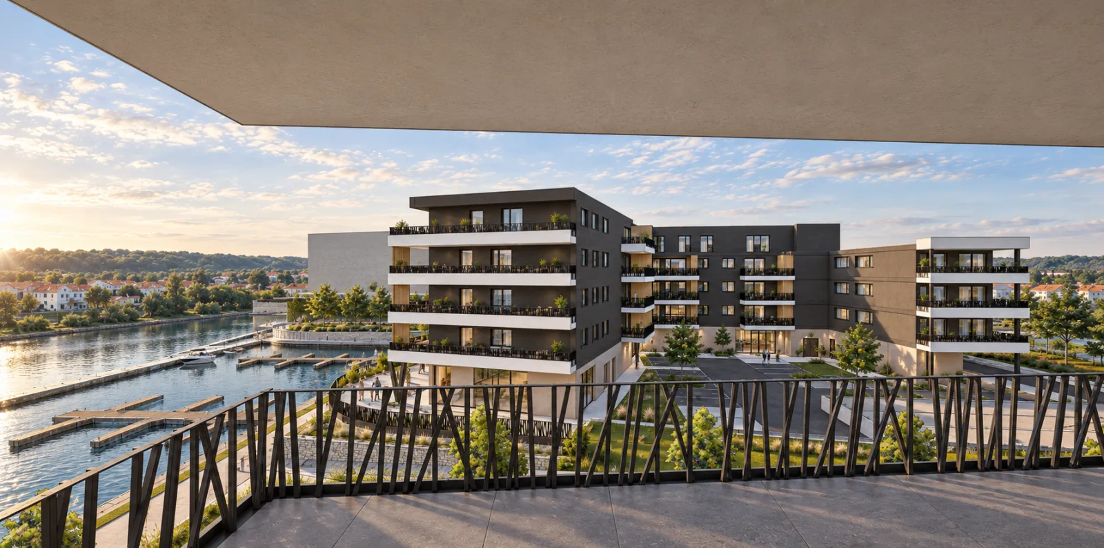 Vue depuis une terrasse sur la résidence et le port